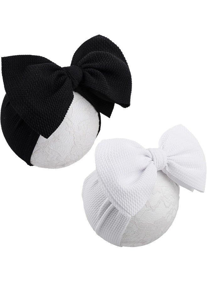 YanJie YanJie Baby 7inch Large Bows Headwrap Stretch Print Textured Fabric Top Knot Turban Headband Hair Accessories for Baby Girls 2pcs/pack (black&white)  - Image 1