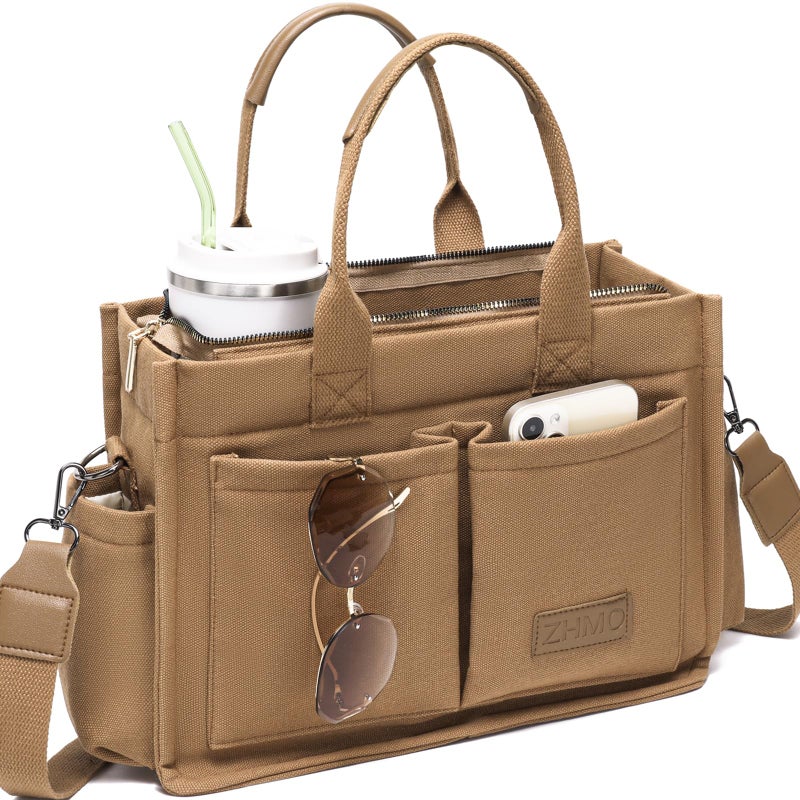 ZHMO Canvas Tote Bag for Women With Compartments and Zipper,Brown Women's Bags Crossbody Bags Work Laptop Tote Bag Large Satchels Handbag Tote Purse Everyday Shoulder Bag for Travel Nurse Teacher Gift - Image 1