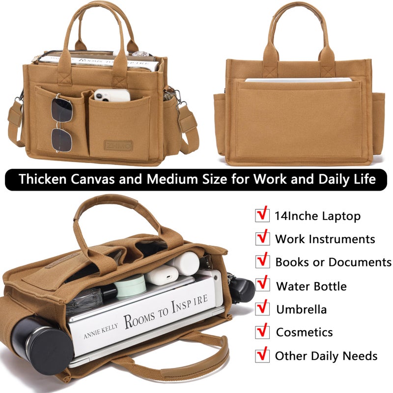 ZHMO Canvas Tote Bag for Women With Compartments and Zipper,Brown Women's Bags Crossbody Bags Work Laptop Tote Bag Large Satchels Handbag Tote Purse Everyday Shoulder Bag for Travel Nurse Teacher Gift - Image 4