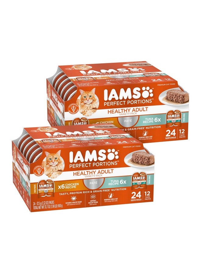 IAMS PERFECT PORTIONS Healthy Adult Grain Free Wet Cat Food Pate Variety Pack, Chicken Recipe and Tuna Recipe, (12) 2.6 oz. Easy Peel Twin-Pack Trays, 24 Total Packs - Image 1