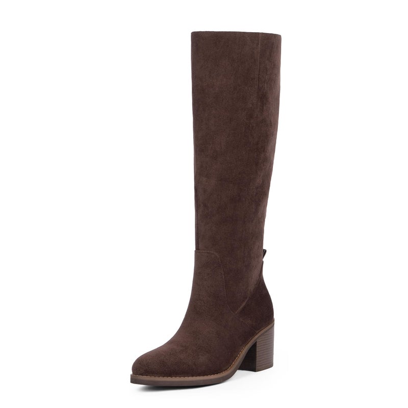 QIY Knee High Boots Women Suede Chocolate Tall Boots Chunky Heel Rounded Toe Fall Knee High Boots for Women Size 8 - Image 1