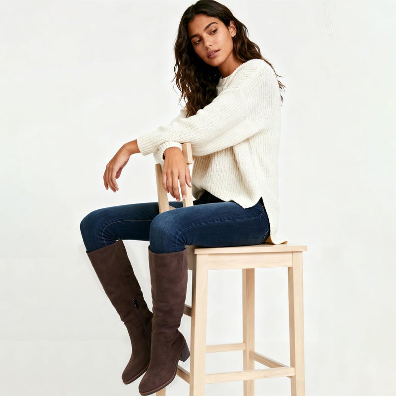 QIY Knee High Boots Women Suede Chocolate Tall Boots Chunky Heel Rounded Toe Fall Knee High Boots for Women Size 8 - Image 2