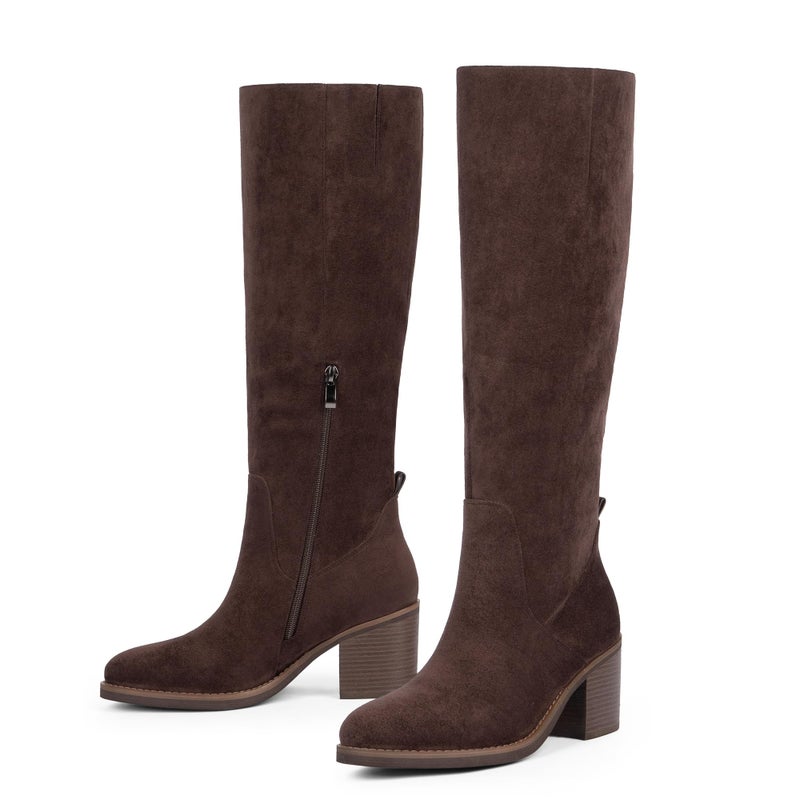 QIY Knee High Boots Women Suede Chocolate Tall Boots Chunky Heel Rounded Toe Fall Knee High Boots for Women Size 8 - Image 5