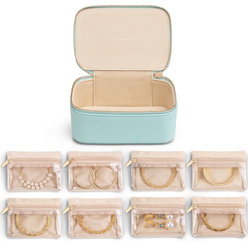 VLANDO Jewelry Travel CaseTravel Jewelry Organizer with Clear Velvet Jewelry Bags 8Pcs Zipper Pouch for Women Girl GiftLake Blue - Image 2