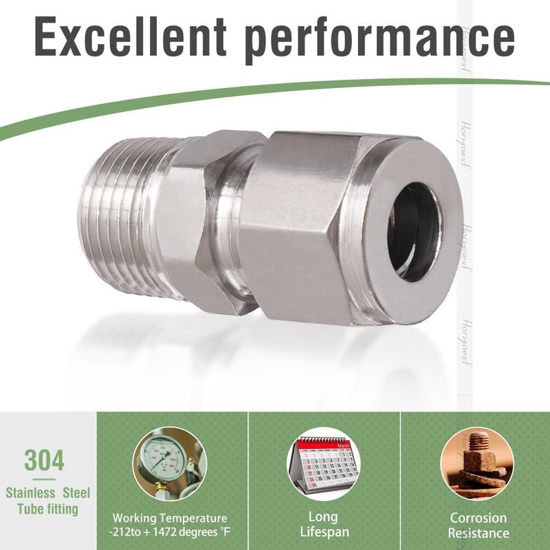 Horiznext Stainless Steel 304 Compression Fitting to connect 3/8 inch OD tube x 3/8 NPT Male thread Coupler, for brass copper stainless steel tubing (2 pcs) - Image 3