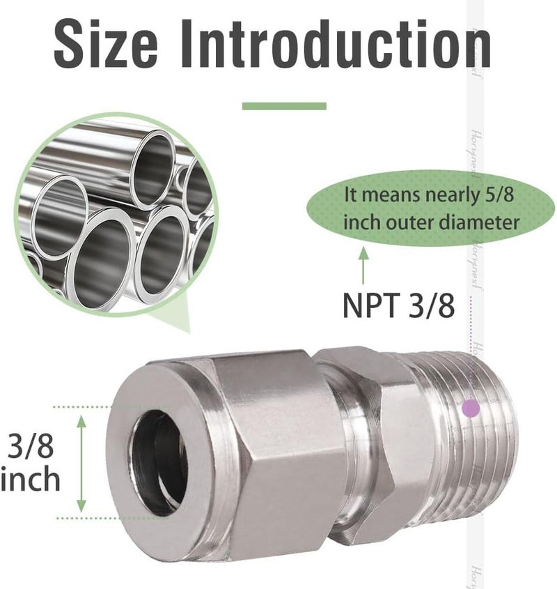 Horiznext Stainless Steel 304 Compression Fitting to connect 3/8 inch OD tube x 3/8 NPT Male thread Coupler, for brass copper stainless steel tubing (2 pcs) - Image 2