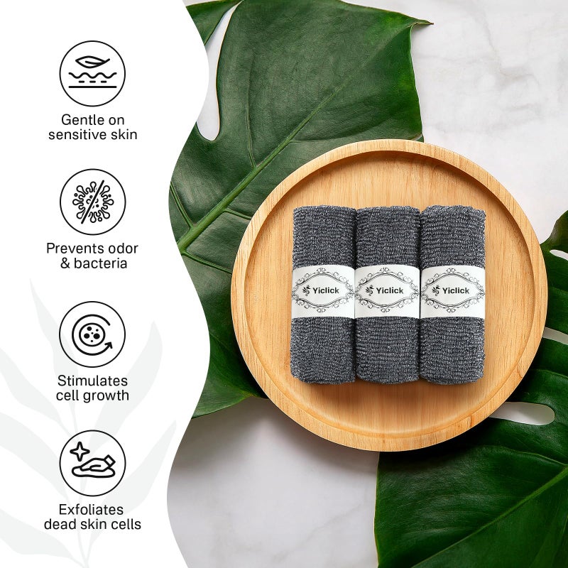 Yiclick Exfoliating Washcloth Towel [3 Pack], Japanese Exfoliating Bath Wash Cloth for Body Exfoliation, Korean Back Scrubber Washer for Shower, African Net Sponge Brush Loofah Exfoliator (Grey) - Image 2