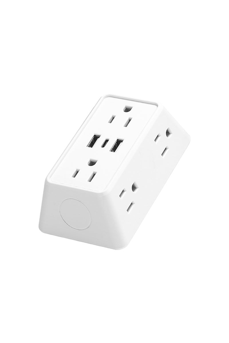 US Plug WHITE 9-in-1 power strip with 2 USB sockets, 1 Type-C socket, and 6 AC sockets. Multi-socket