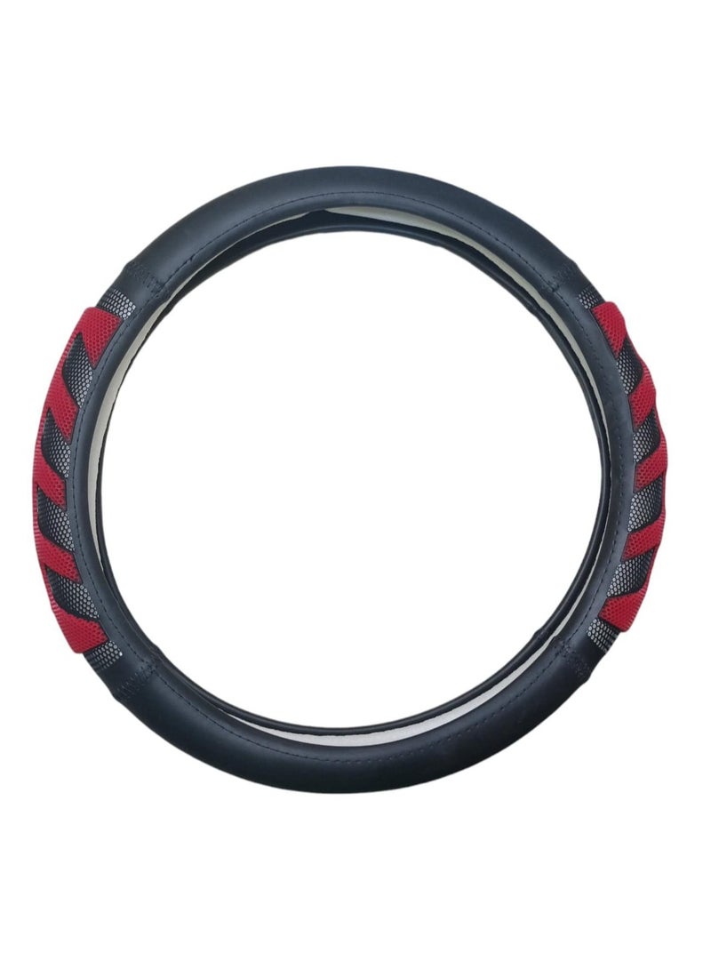 Generic Generic steering wheel is made of leather and mesh, has a high-quality design and fits all types of cars, and is well ventilated, in black and red  - Image 1