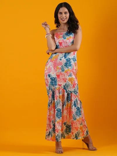 globus Women Blue & Orange Floral Print Square Neck Satin Maxi Dress