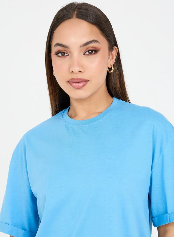 Styli Oversized Turn Up Sleeve Back Slogan Print Longline T-Shirt