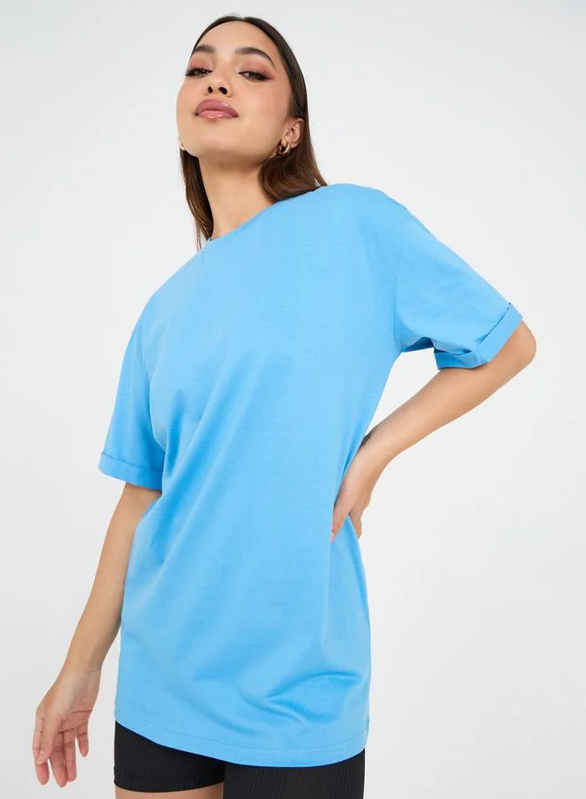 Styli Oversized Turn Up Sleeve Back Slogan Print Longline T-Shirt