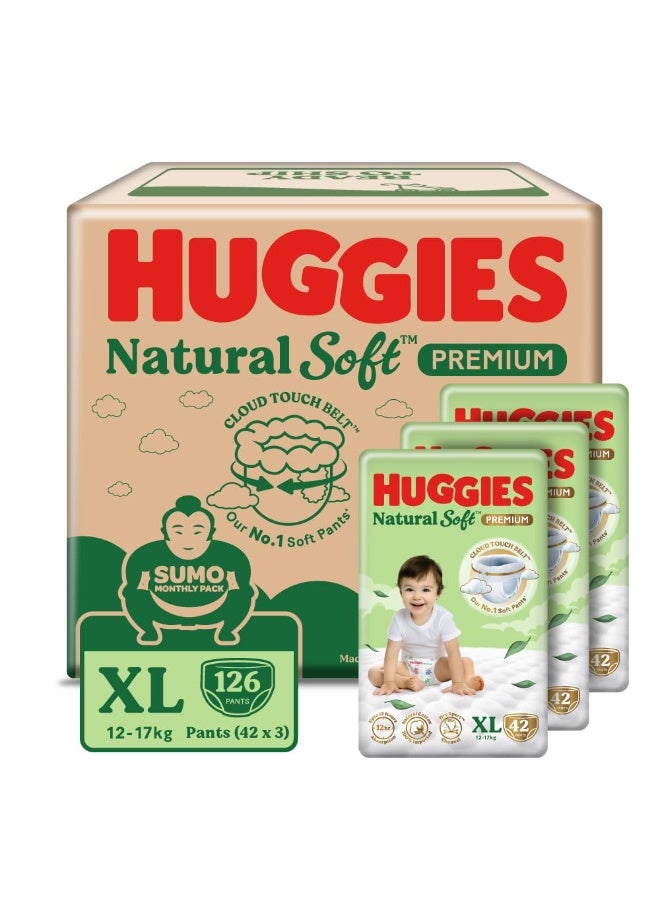 Huggies Natural Soft Premium Baby Diaper Pants, Our No.1 Soft Pants, Extra Large (XL) Size (12-17 Kgs), Sumo Pack of 126 diapers | Cloud Softness All over with India's 1st Cloud Touch BeltTM (42 Count, Pack of 3) - Image 1