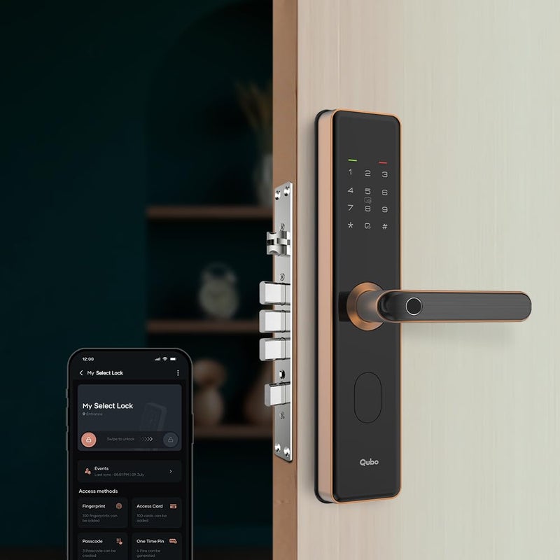Qubo QUBO Smart Door Lock Select from Hero Group 2025 Edition 6Way Unlocking 5 Bolts Fingerprint Remote Unlocking via OTP PIN Access Card Mobile App 2 Years Brand Warranty Copper  - Image 1