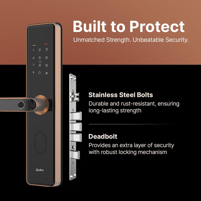 Qubo QUBO Smart Door Lock Select from Hero Group 2025 Edition 6Way Unlocking 5 Bolts Fingerprint Remote Unlocking via OTP PIN Access Card Mobile App 2 Years Brand Warranty Copper  - Image 4