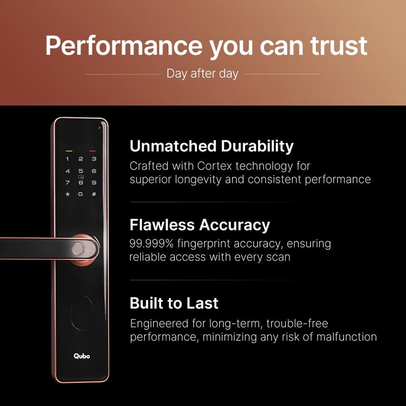Qubo QUBO Smart Door Lock Select from Hero Group 2025 Edition 6Way Unlocking 5 Bolts Fingerprint Remote Unlocking via OTP PIN Access Card Mobile App 2 Years Brand Warranty Copper  - Image 5