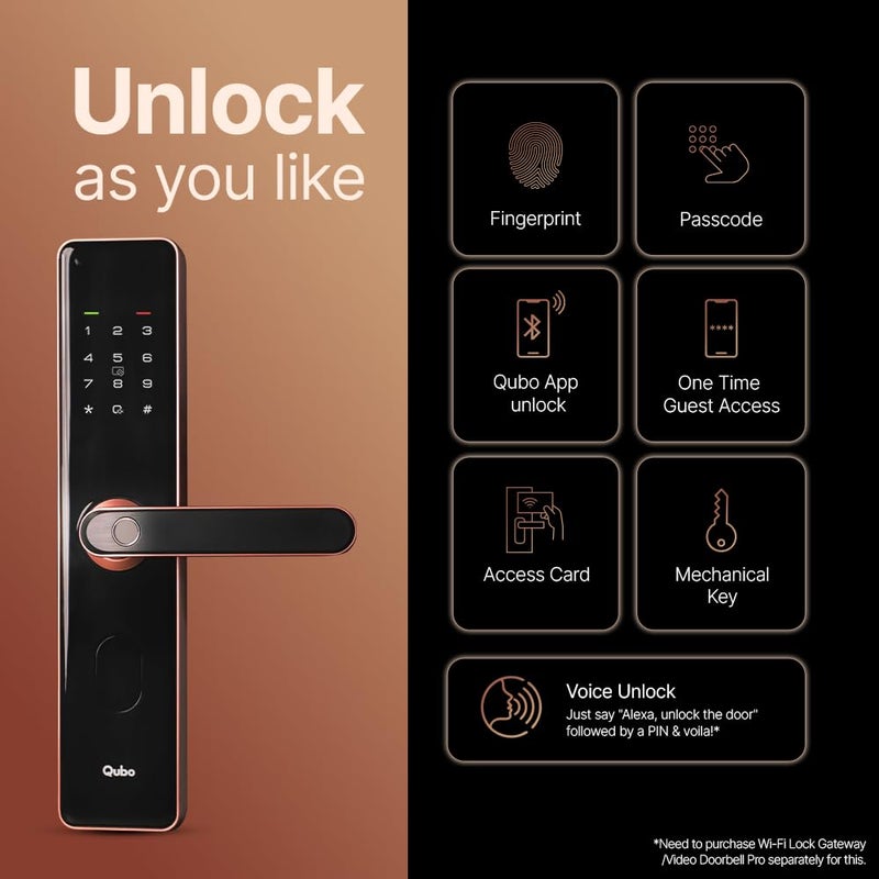 Qubo QUBO Smart Door Lock Select from Hero Group 2025 Edition 6Way Unlocking 5 Bolts Fingerprint Remote Unlocking via OTP PIN Access Card Mobile App 2 Years Brand Warranty Copper  - Image 2