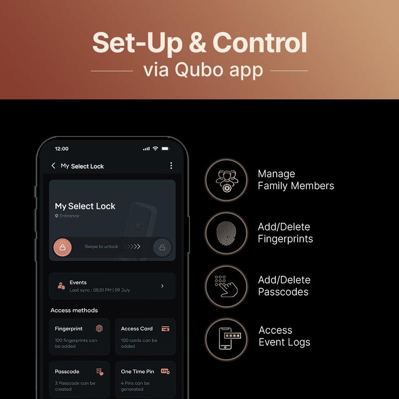 Qubo QUBO Smart Door Lock Select from Hero Group 2025 Edition 6Way Unlocking 5 Bolts Fingerprint Remote Unlocking via OTP PIN Access Card Mobile App 2 Years Brand Warranty Copper  - Image 3