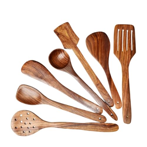 Decorlay Natural Wooden Spoon Set For Cooking Includes Frying Serving Spatula Chapati Dessert Rice Spoons Wooden For Nonstick Cookware Kitchen Utensils And Cooking Spoon Set Of 7 - 35.56 Cm - Image 1