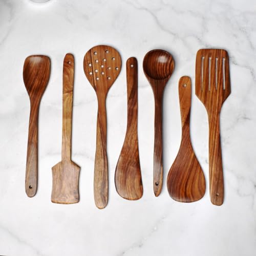 Decorlay Natural Wooden Spoon Set For Cooking Includes Frying Serving Spatula Chapati Dessert Rice Spoons Wooden For Nonstick Cookware Kitchen Utensils And Cooking Spoon Set Of 7 - 35.56 Cm - Image 2