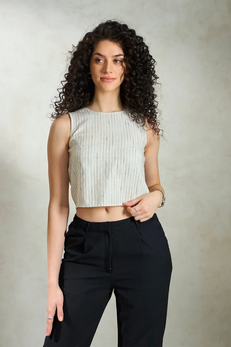 Virgio Linen Stripped Daywear Sleeveless Crop Tops for Women