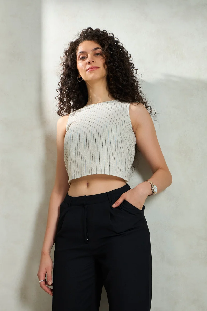 فيرجيو Linen Stripped Daywear Sleeveless Crop Tops for Women