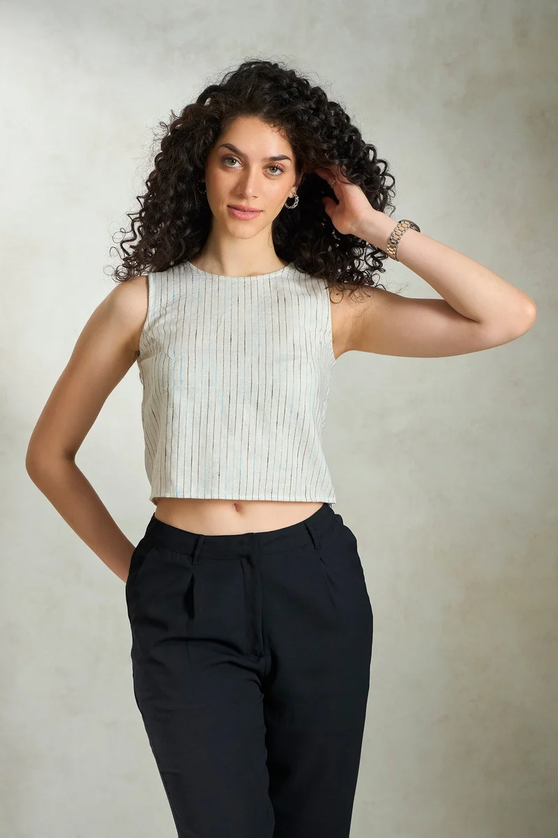 فيرجيو Linen Stripped Daywear Sleeveless Crop Tops for Women