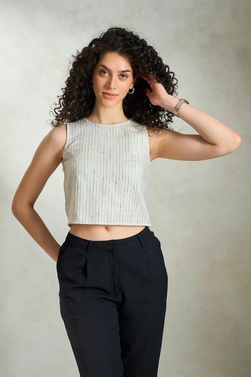 Virgio Linen Stripped Daywear Sleeveless Crop Tops for Women