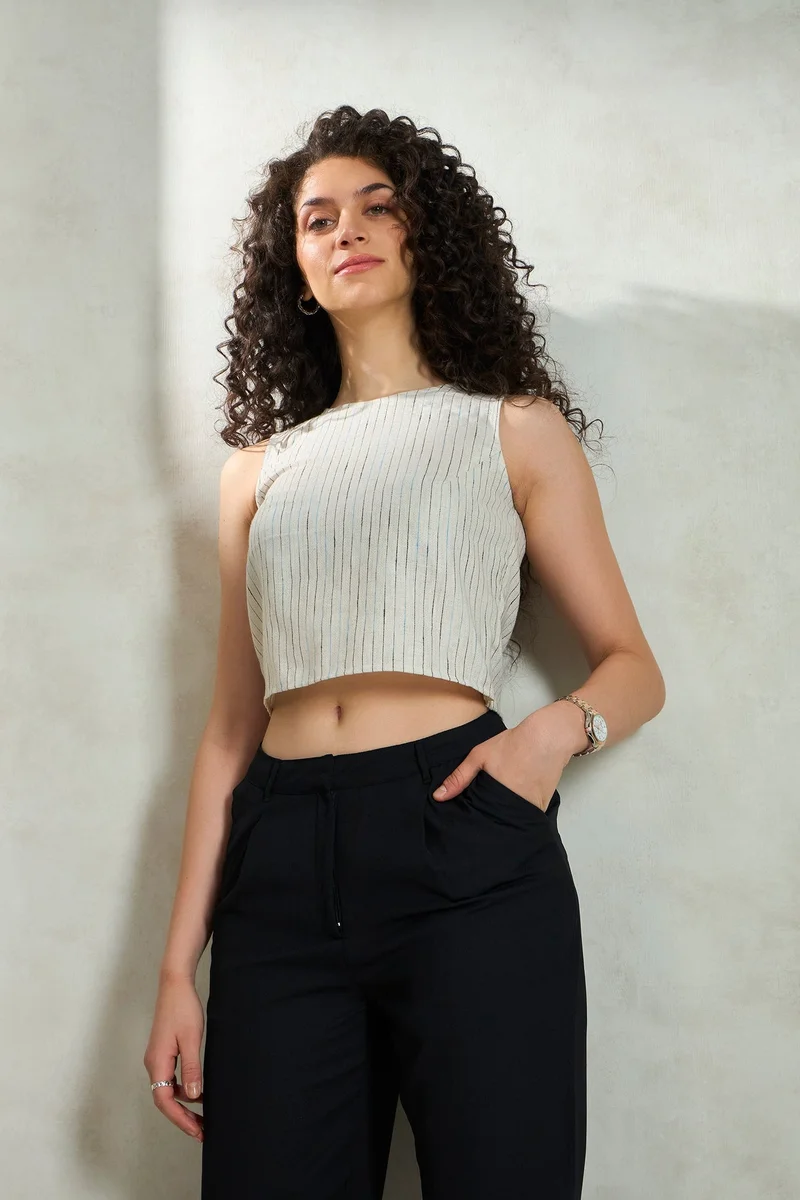 Virgio Linen Stripped Daywear Sleeveless Crop Tops for Women