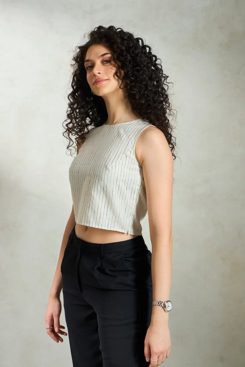 Virgio Ecru Linen Stripped Daywear Sleeveless Crop Tops for Women for Women | Best Price UAE