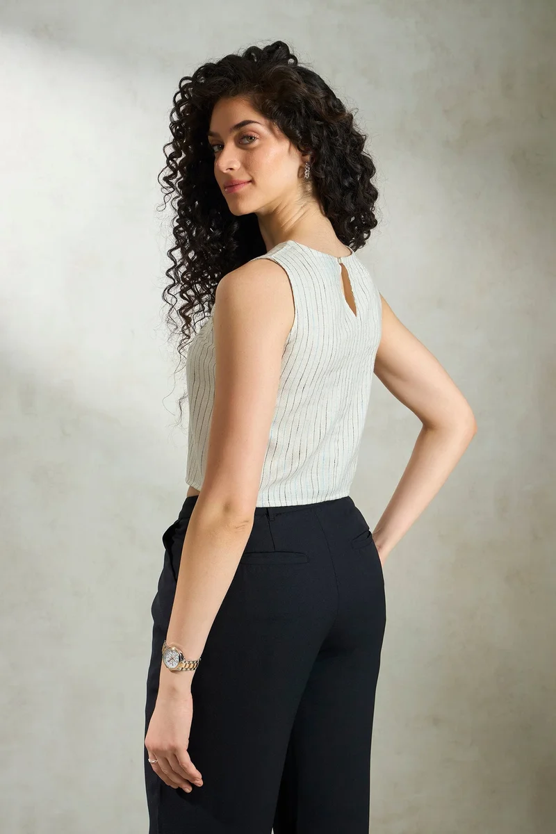 Virgio Ecru Linen Stripped Daywear Sleeveless Crop Tops for Women for Women | Best Price UAE