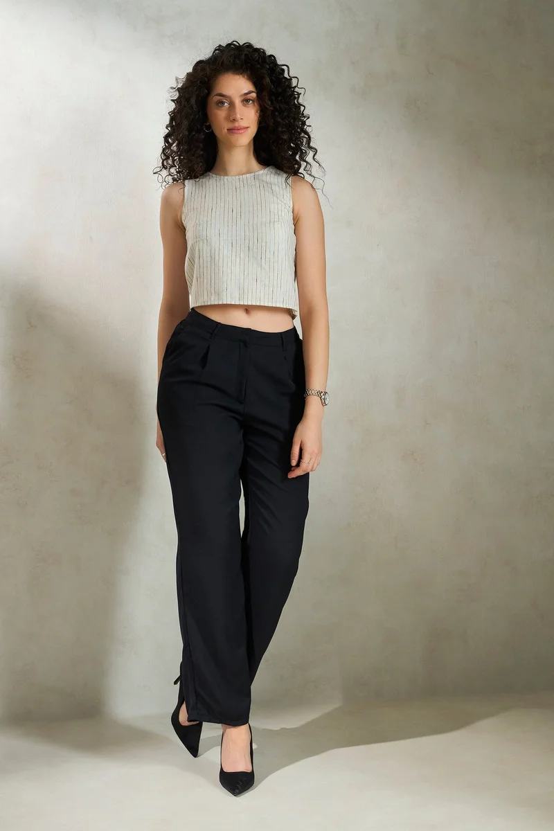 Virgio Ecru Linen Stripped Daywear Sleeveless Crop Tops for Women for Women | Best Price UAE