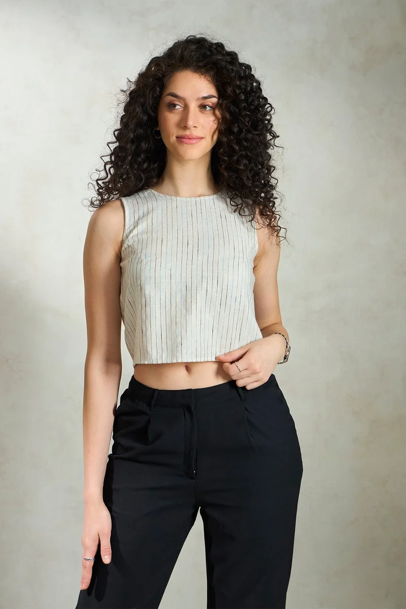 Virgio Ecru Linen Stripped Daywear Sleeveless Crop Tops for Women for Women | Best Price UAE