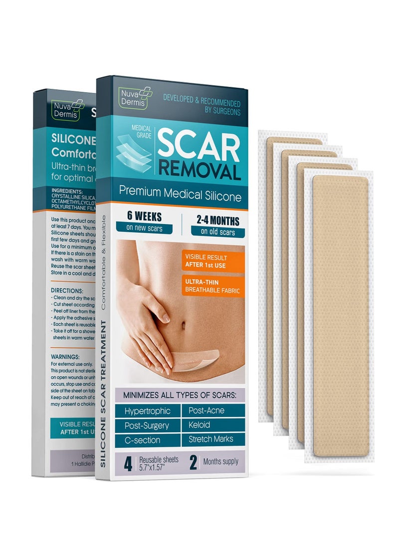 Nuvadermis NUVADERMIS Silicone Scar Sheets - Dermatologically Tested in USA - As Surgical Cream, Gel, Tape, Strips, Patches - Keloid, C-Section, Tummy Tuck - Surgery Scars Removal Treatment - 4 Pack 5.7"x1.57"  - Image 1