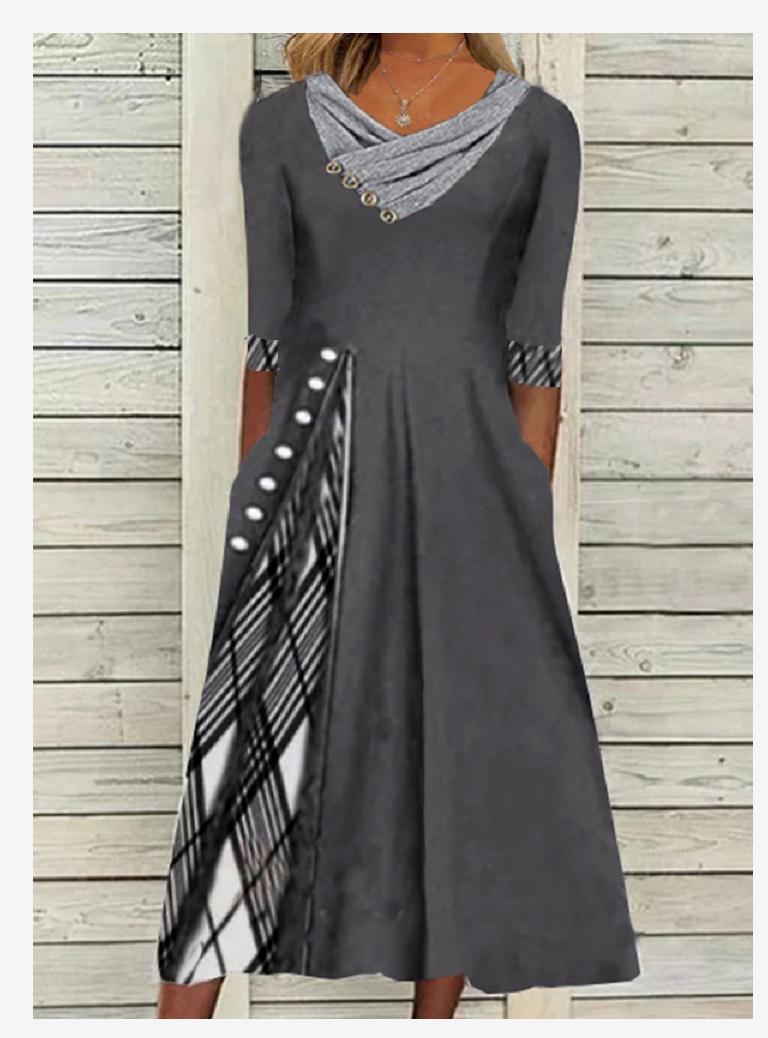 2021 cross-border early autumn temperament commuter pullover mid-waist ethnic style slim stitching gray midi dress green XXL - Image 5