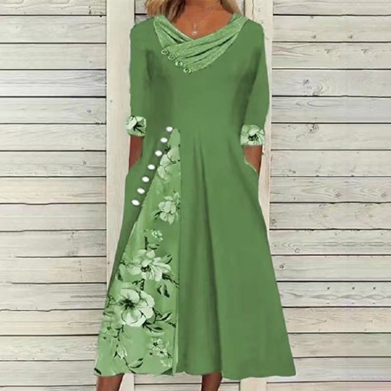 2021 cross-border early autumn temperament commuter pullover mid-waist ethnic style slim stitching gray midi dress green XXL - Image 1