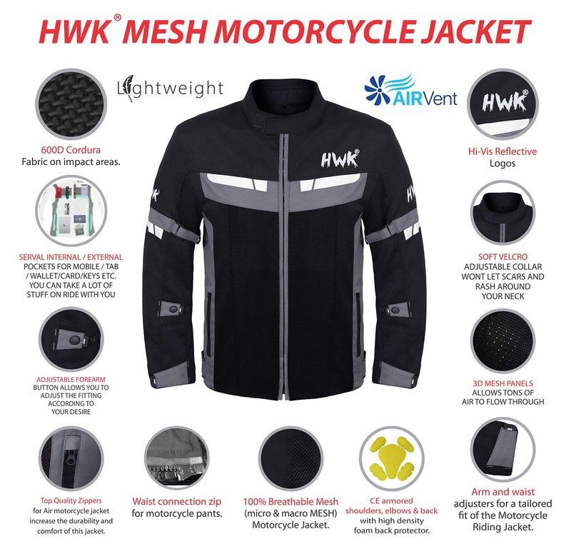 HWK Mesh Motorcycle Jacket Riding Air Motorbike Jacket Biker CE Armored Breathable (Medium, Black) - Image 3