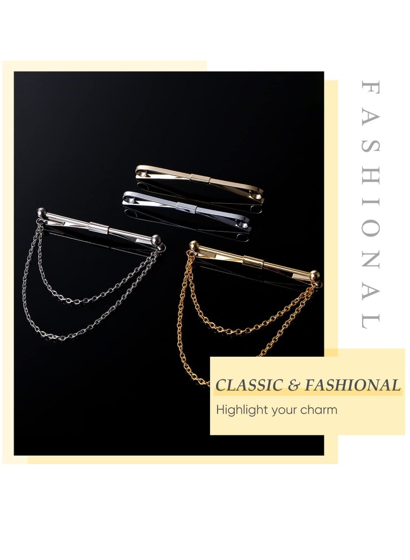 Y&D Tie Bar Pin Set Men's Classic Shirt Clips Silver and Gold Tone - 4 Pcs with Chain Fringe Pins Chains for Tuxedo Wedding Anniversary Business Everyday Use - Image 4