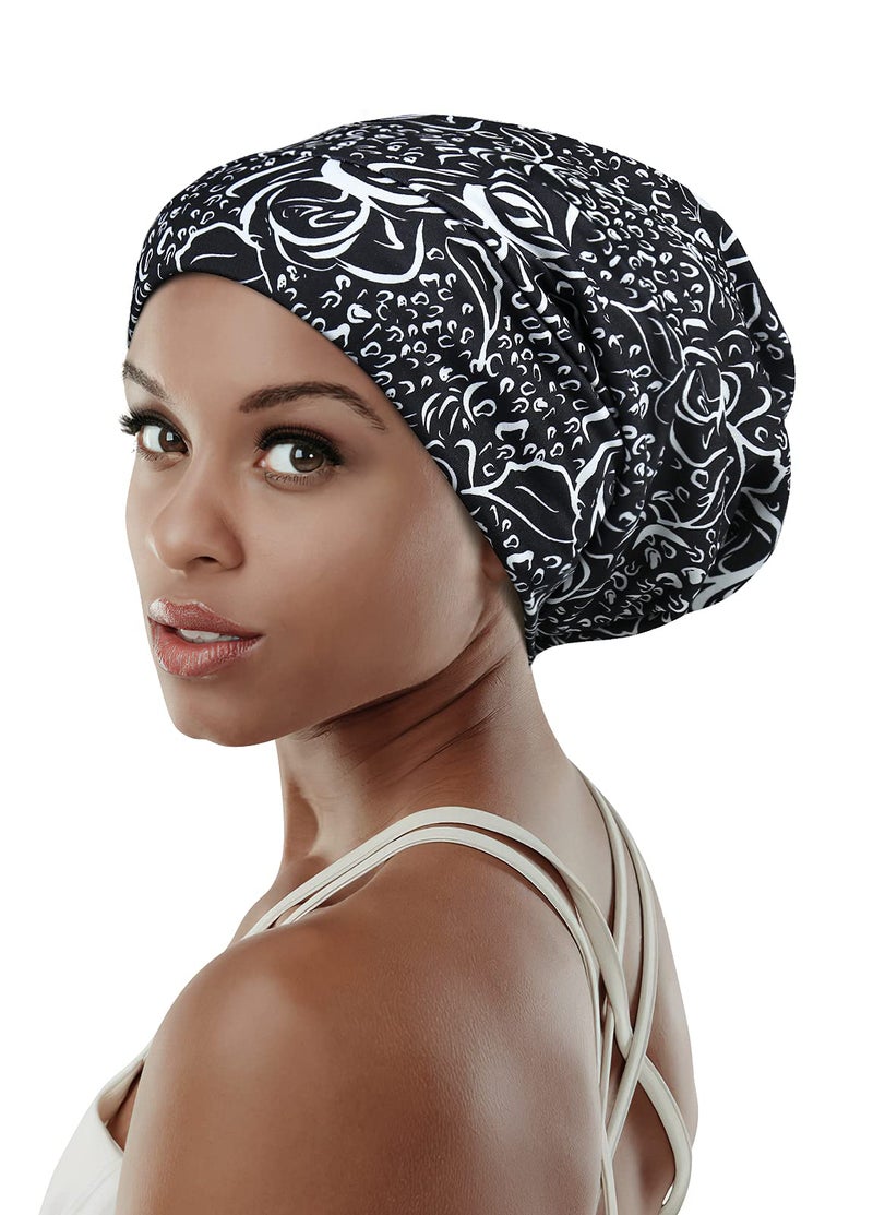 FocusCare Hair Wraps for Sleeping Satin Lining Black Women Frizzy Hair Cream Floral - Image 1