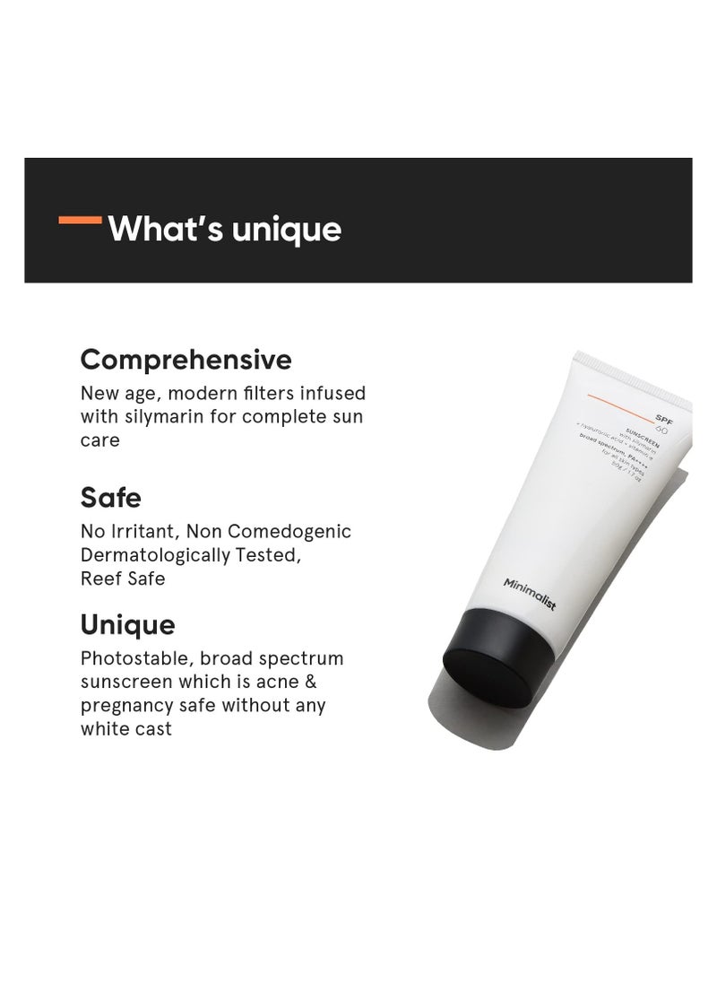 MINIMALIST - Minimalist Sunscreen SPF 60 PA ++++ | Pregnancy Safe | For Sensitive Skin | Broad Spectrum Sunscreen SPF 50+ With Potent Antioxidants & Advanced Filters | No White Cast | Non Irritant | 50 gm - Image 1