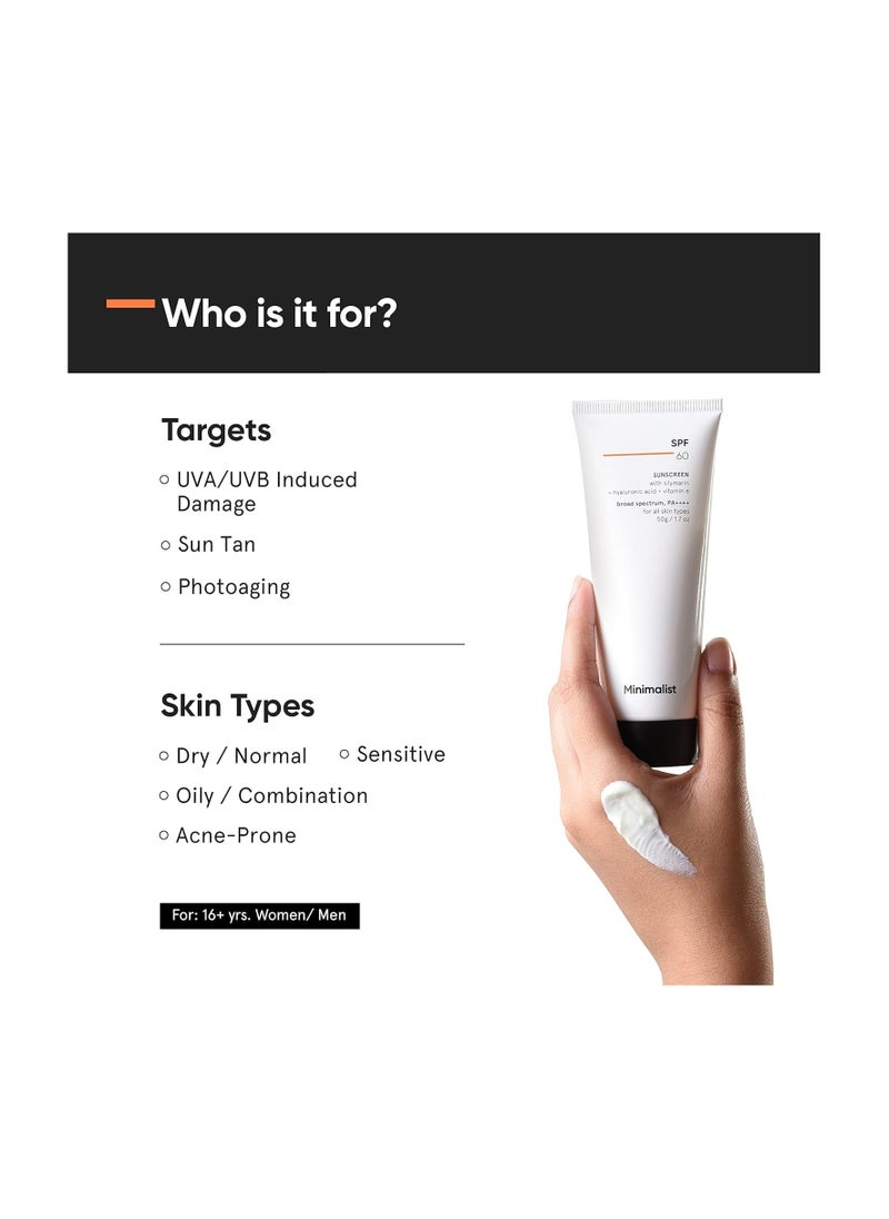 MINIMALIST - Minimalist Sunscreen SPF 60 PA ++++ | Pregnancy Safe | For Sensitive Skin | Broad Spectrum Sunscreen SPF 50+ With Potent Antioxidants & Advanced Filters | No White Cast | Non Irritant | 50 gm - Image 1
