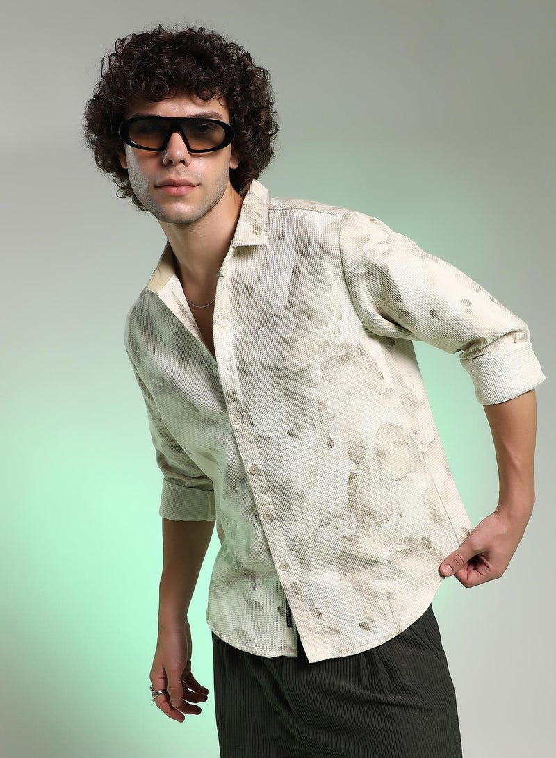Campus Sutra Men's Saltbox Beige Abstract-Tactile Shirt  - Image 1