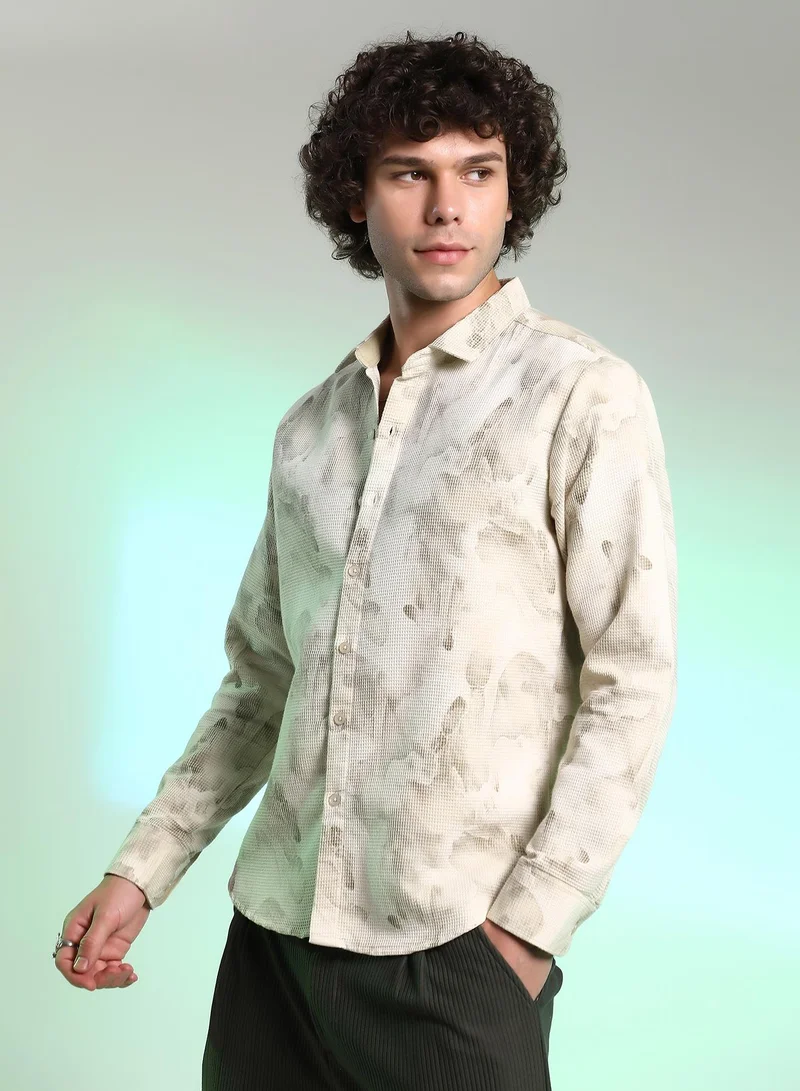 Campus Sutra Men's Saltbox Beige Abstract-Tactile Shirt