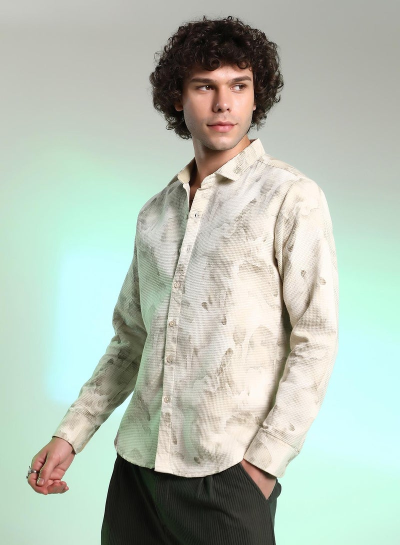 Campus Sutra Men's Saltbox Beige Abstract-Tactile Shirt  - Image 3