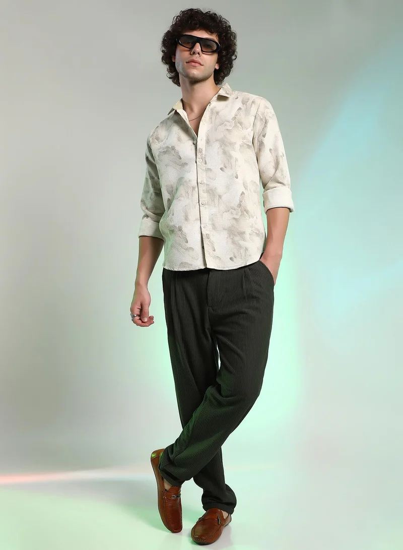 Campus Sutra Men's Saltbox Beige Abstract-Tactile Shirt