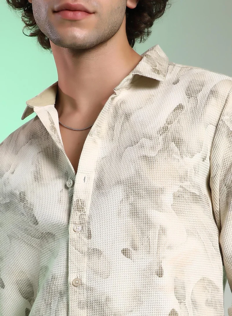 Campus Sutra Men's Saltbox Beige Abstract-Tactile Shirt