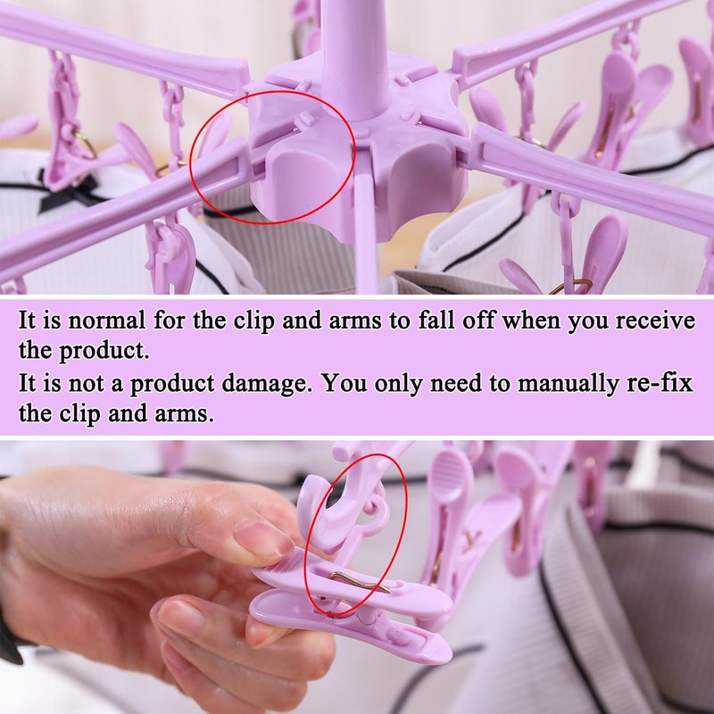 BONYCUST Foldable Drying Rack with 24 Clips for Drying Socks Lingerie Baby Clothes Drying Towels Rotatable Sock Drying Rack 2 PCS (Pink) - Image 5