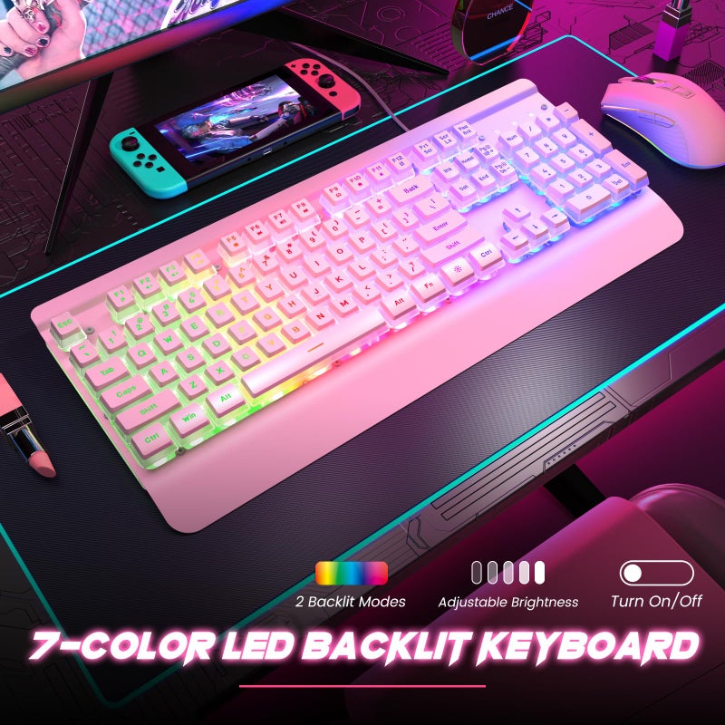 Dacoity Pink Creamy Keyboard, 104 Keys All-Metal Panel, Rainbow LED Backlit Silent Gaming Keyboard, Wrist Rest, PBT Keycap, Anti-ghosting Keys, Light Up USB Wired Computer Keyboard for PC - Image 2