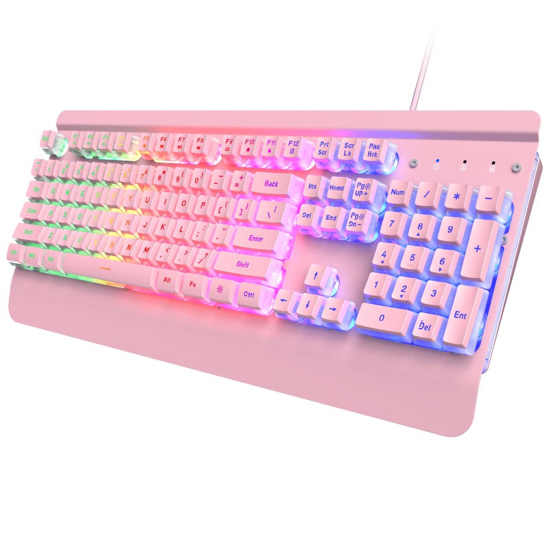 Dacoity Pink Creamy Keyboard, 104 Keys All-Metal Panel, Rainbow LED Backlit Silent Gaming Keyboard, Wrist Rest, PBT Keycap, Anti-ghosting Keys, Light Up USB Wired Computer Keyboard for PC - Image 1