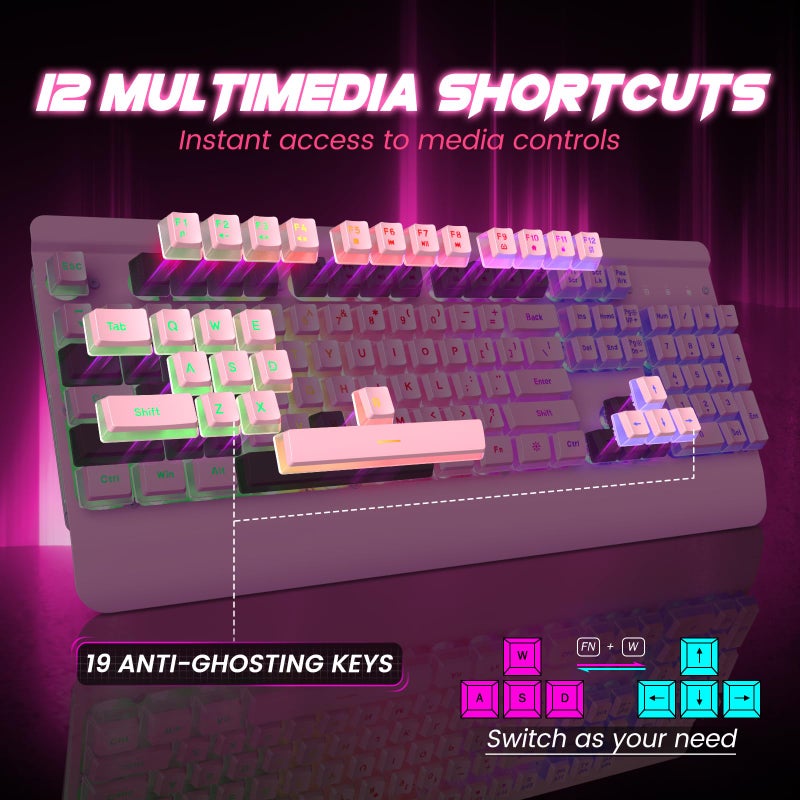 Dacoity Pink Creamy Keyboard, 104 Keys All-Metal Panel, Rainbow LED Backlit Silent Gaming Keyboard, Wrist Rest, PBT Keycap, Anti-ghosting Keys, Light Up USB Wired Computer Keyboard for PC - Image 5